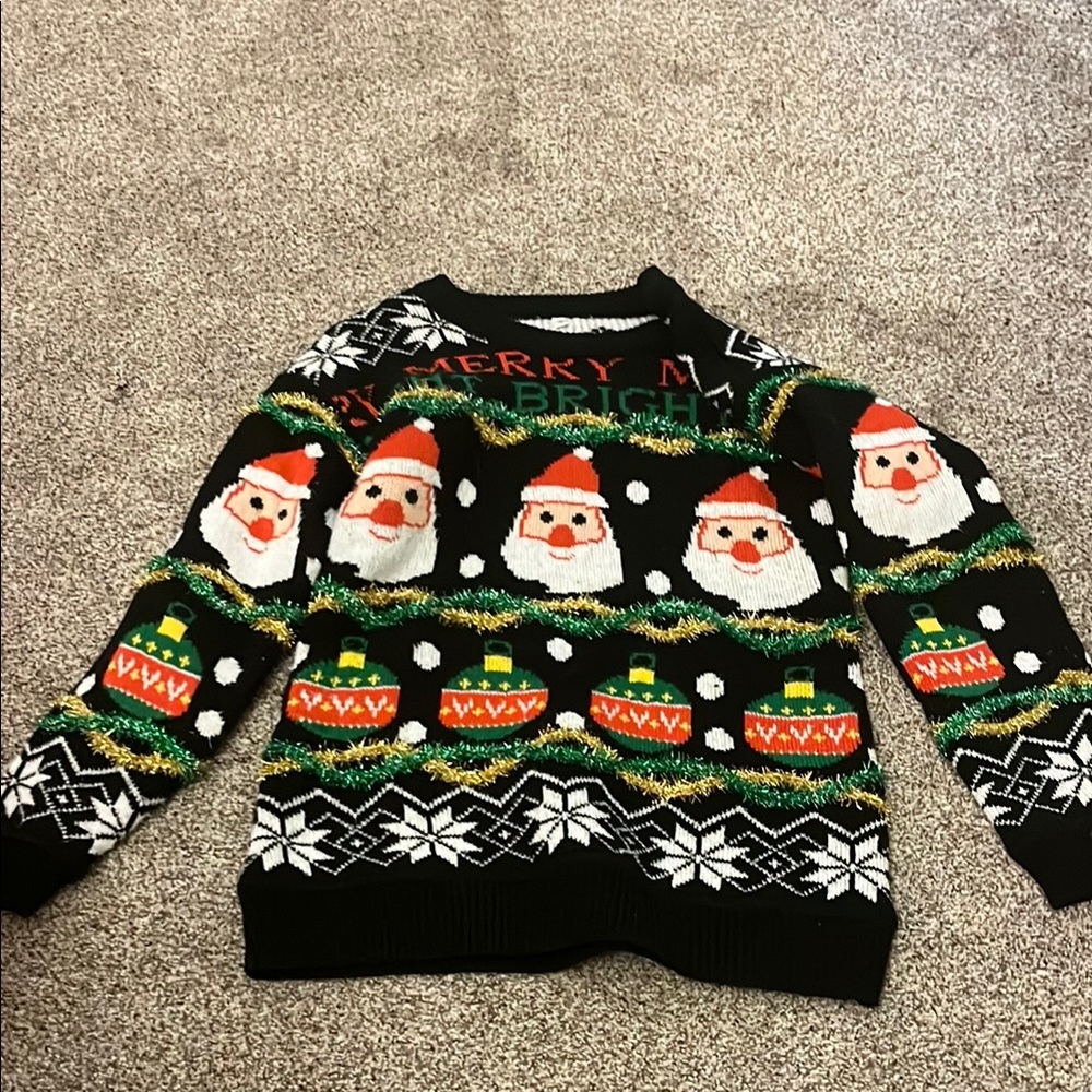 Black and Red Crew Neck Sweater with Festive Santa Design